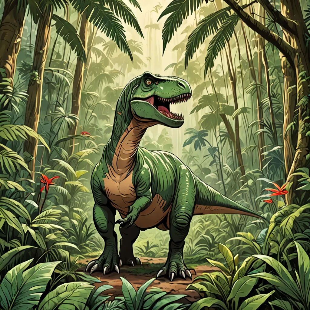 a dinosaur in a jungle with trees and plants around it, with a bird on its back and a bird on its neck, primitivism, poster art, Adam Rex, rossdraws global illumination
