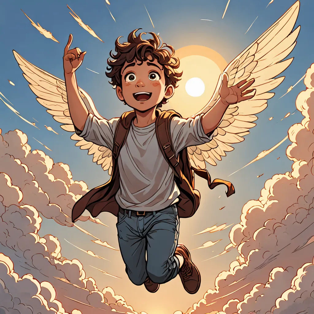 a boy with wings flying through the air with his hands in the air and his arms out in the air, fantasy art, a comic book panel, Cliff Childs, rossdraws global illumination