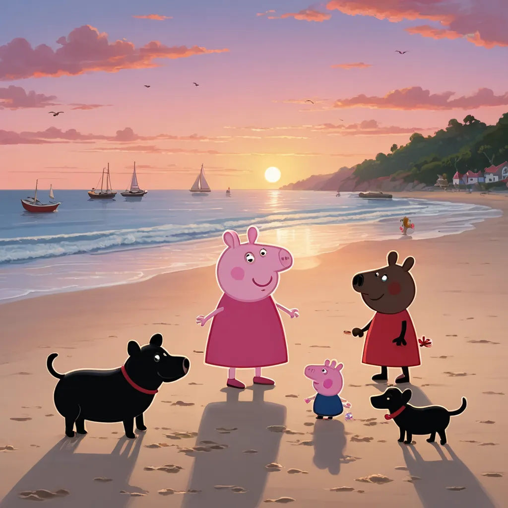 a family of three on a beach with a dog and a pig in the foreground and a boat in the background, naive art, poster art, Caroline Lucy Scott, promotional image