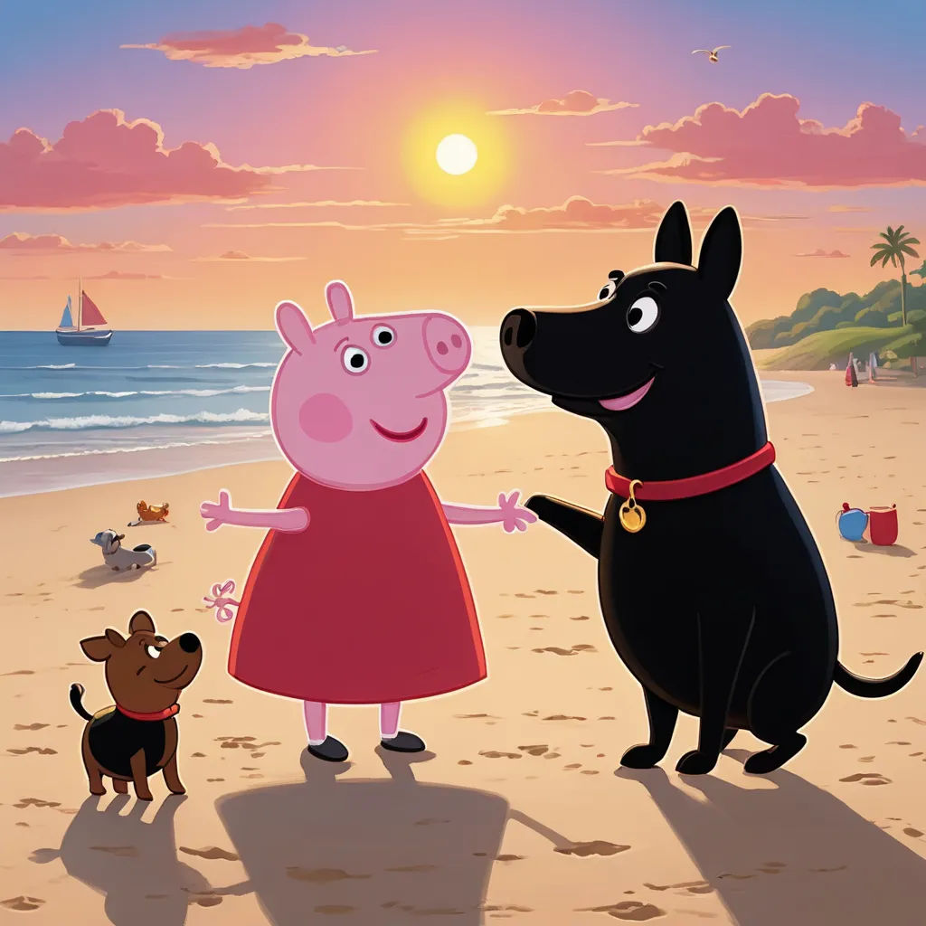 a cartoon pig and a dog on a beach with a sunset in the background and a dog on the beach, sots art, a poster, Avgust Černigoj, promotional image
