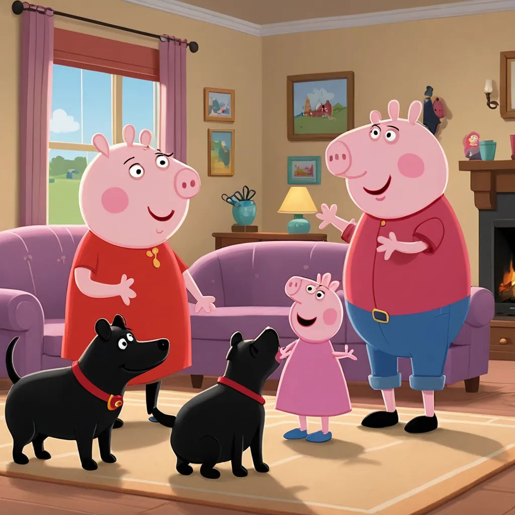 a family of peppa pig standing in a living room with a dog and a cat on the floor, sots art, concept art, Avgust Černigoj, promotional image