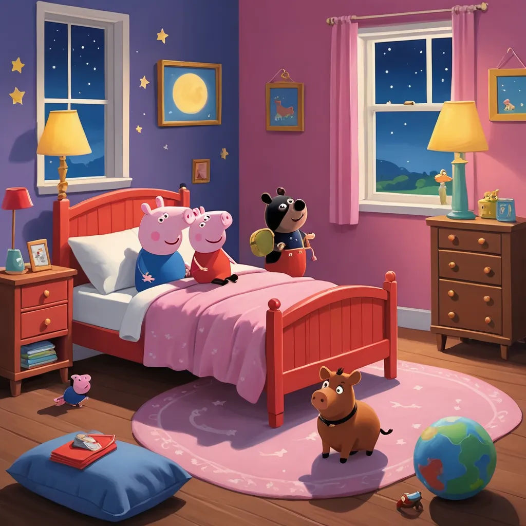 a cartoon bedroom with peppa pig and piggy pig on the bed and a dog on the rug, sots art, a storybook illustration, Beatrix Potter, official art