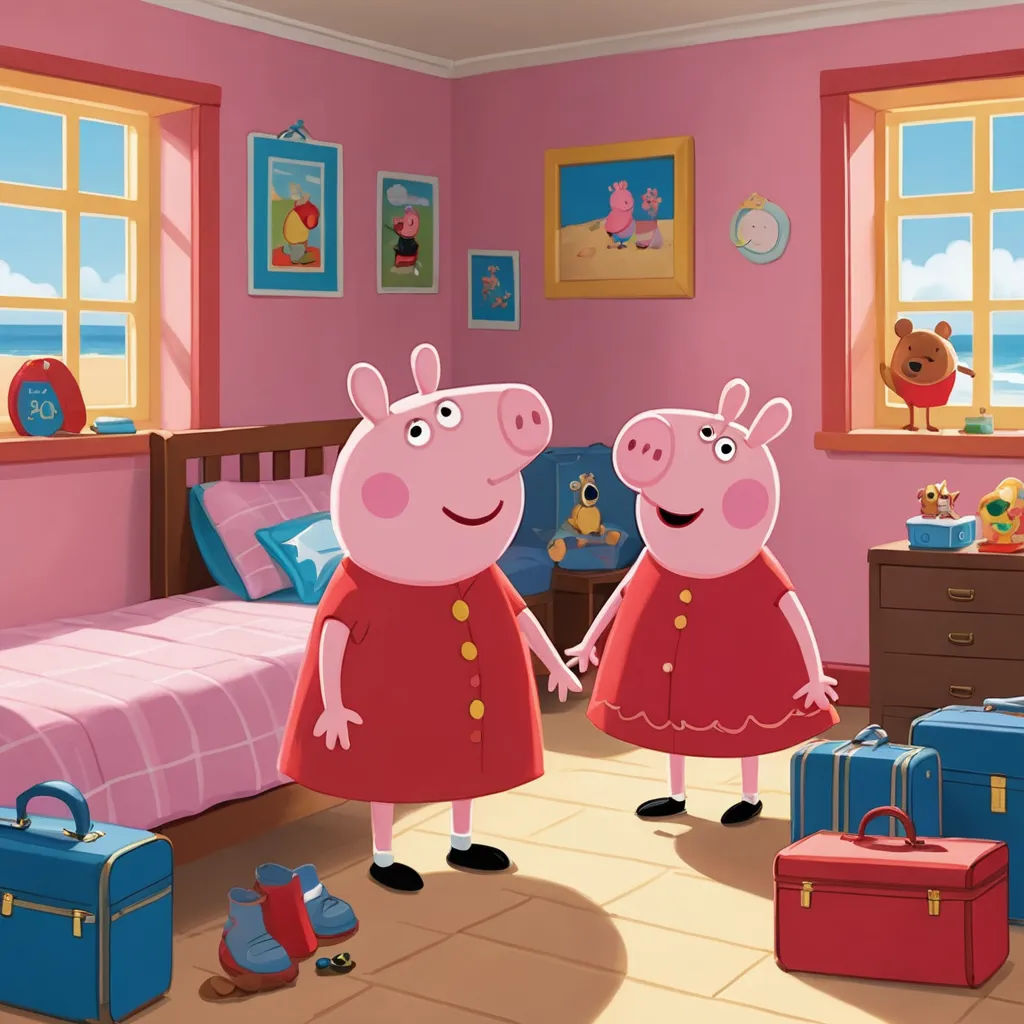 a couple of peppa pig standing in a bedroom next to a bed and suitcases on the floor, postminimalism, concept art, Christabel Dennison, promotional image