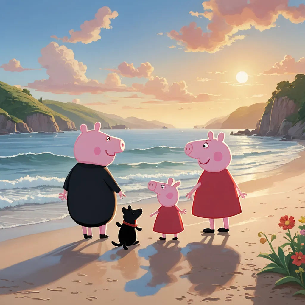 a family of three peppo pig standing on a beach next to the ocean at sunset with a dog, sots art, a comic book panel, Bascove, official art
