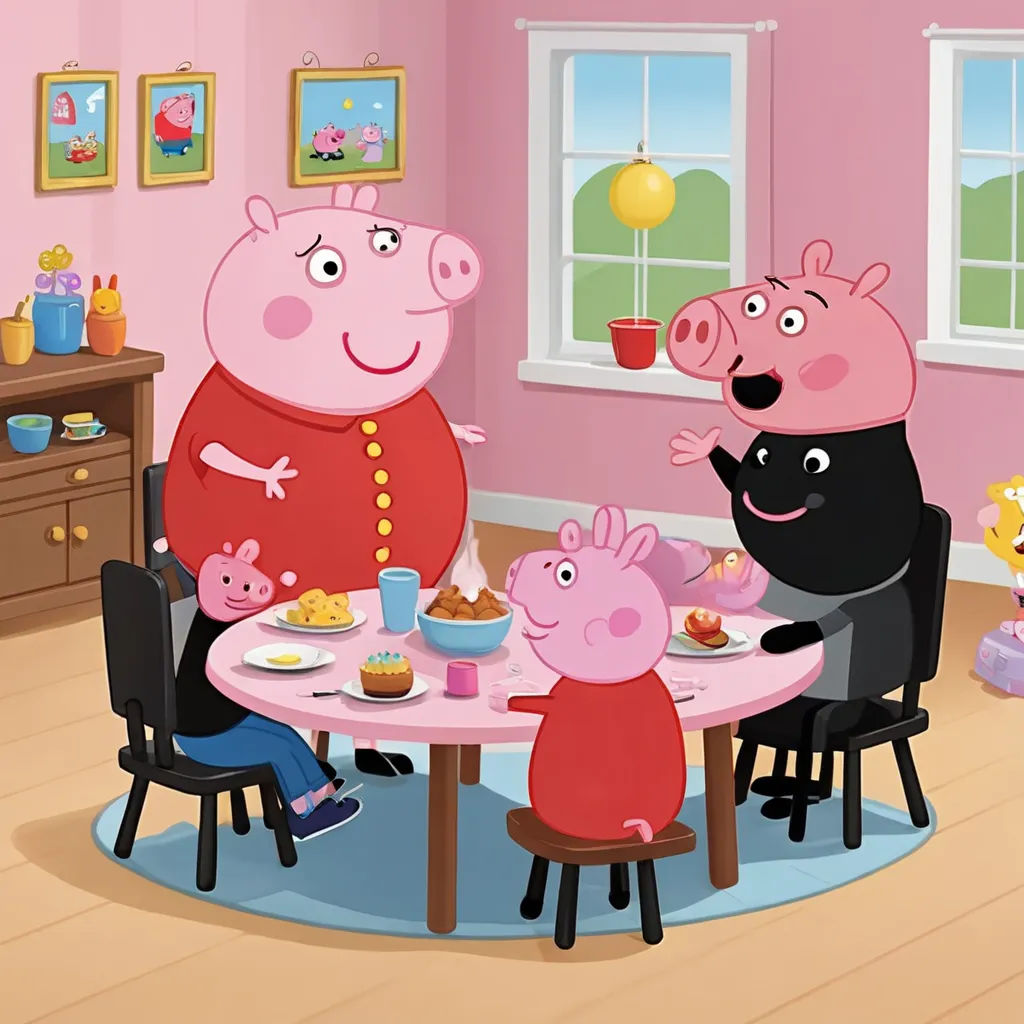 a family of peppo pig eating at a table in a pink room with a pink wall and a window, figurativism, concept art, Bourgeois, promotional image