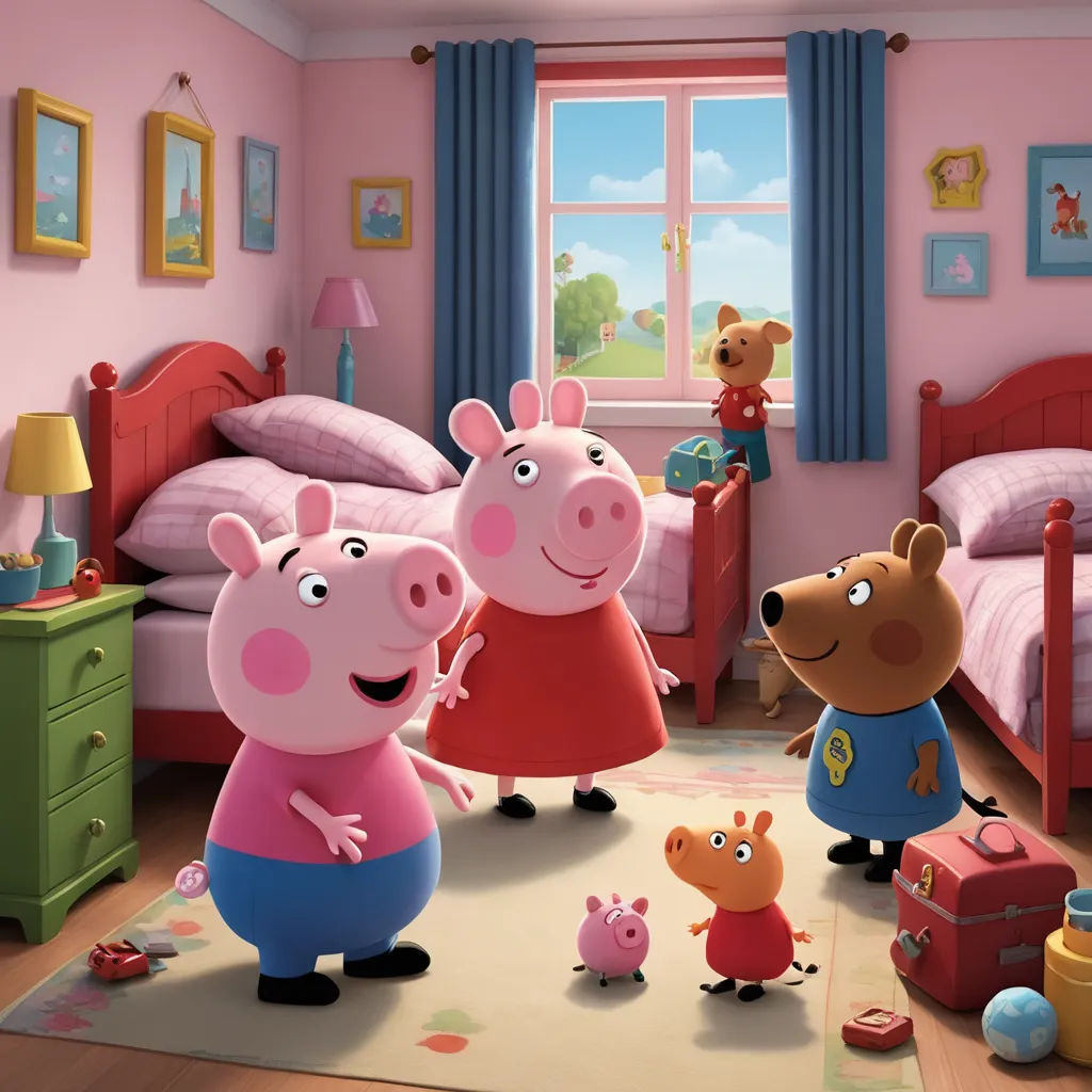 a cartoon pig family in a pink bedroom with a pig pig and pig pig pig on the floor and a pig pig on the ground, figurativism, concept art, David Young Cameron, promotional image
