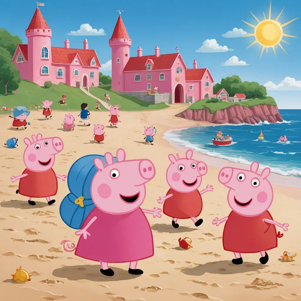 a group of peppa pig on a beach with a castle in the background and people in the foreground, sots art, concept art, Bascove, promotional image