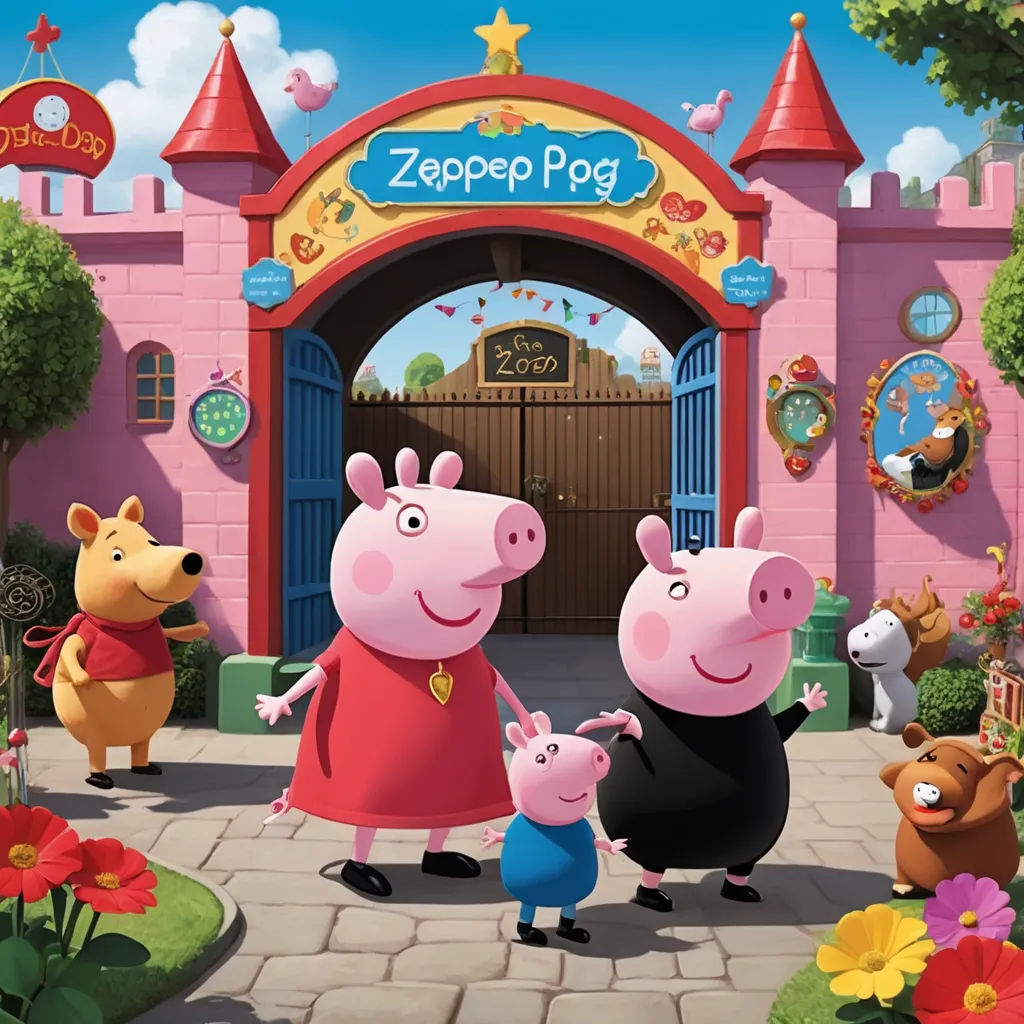 a group of peppo pig characters standing in front of a pink building with a red roof and a red door, sots art, concept art, Beeple, promotional image