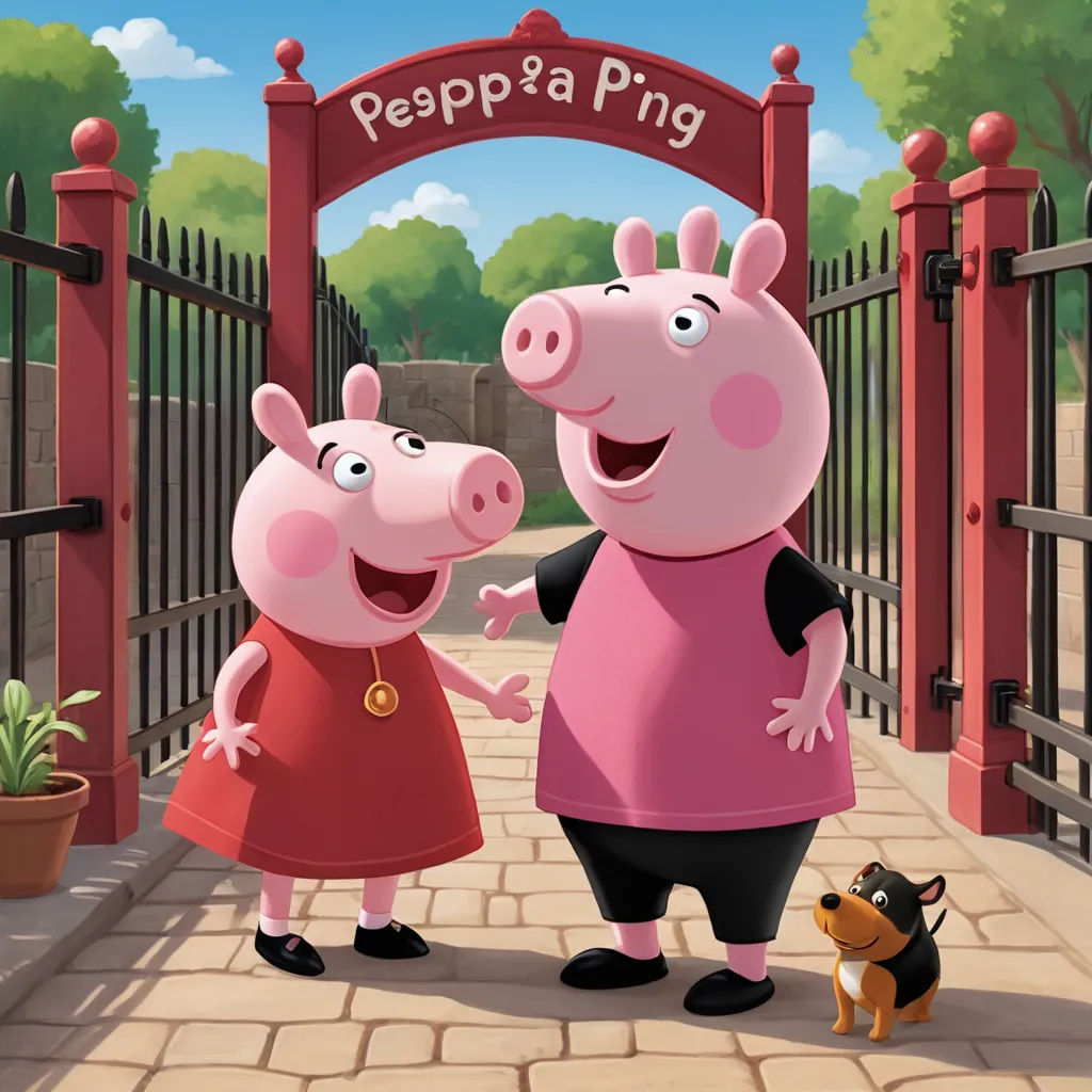 a pig and a piggy are standing in front of a gate with a dog on a leash in front of them, primitivism, computer graphics, Beeple, official art