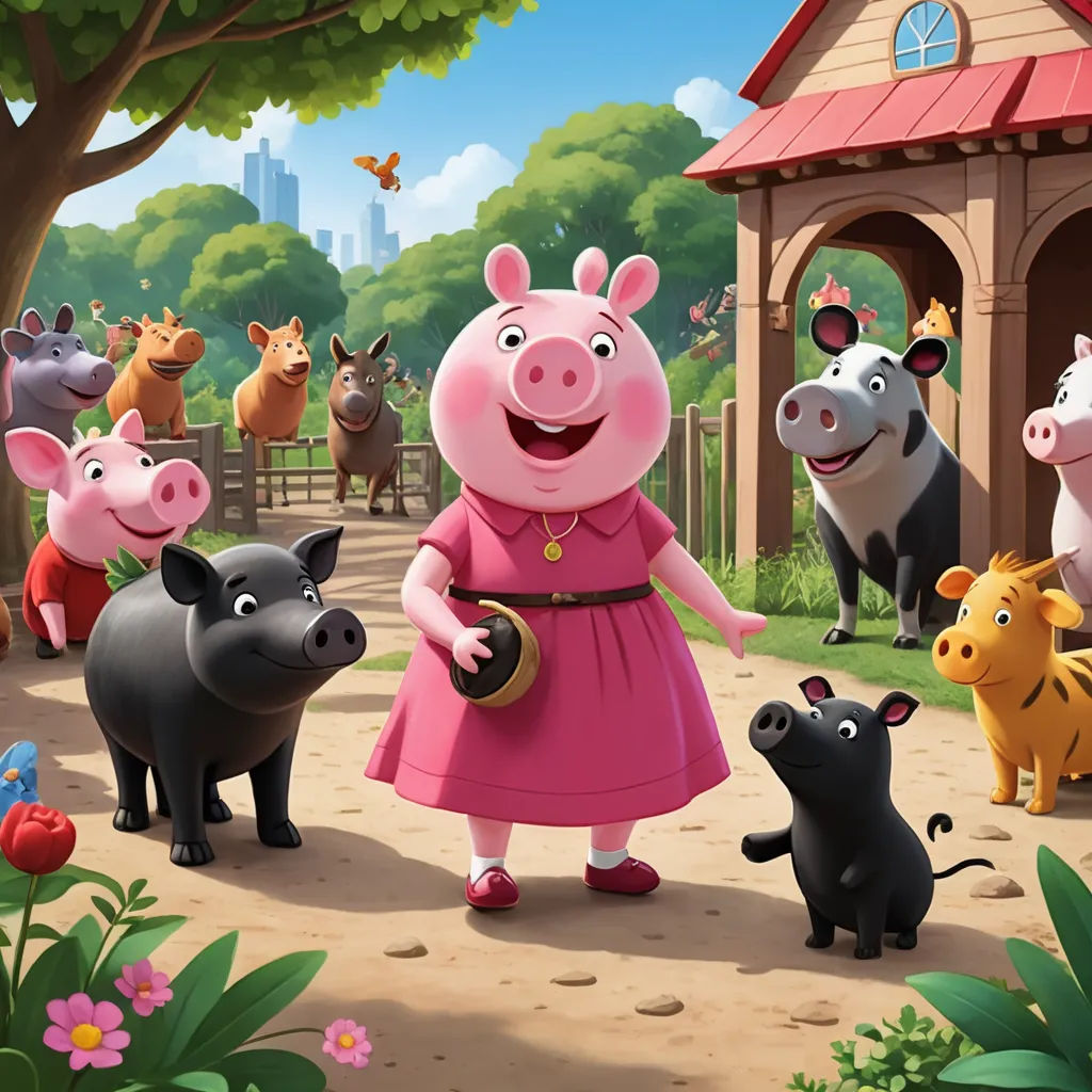 a cartoon pig is standing in front of a group of farm animals and a dog in a pink dress, sots art, a storybook illustration, David Young Cameron, promotional image