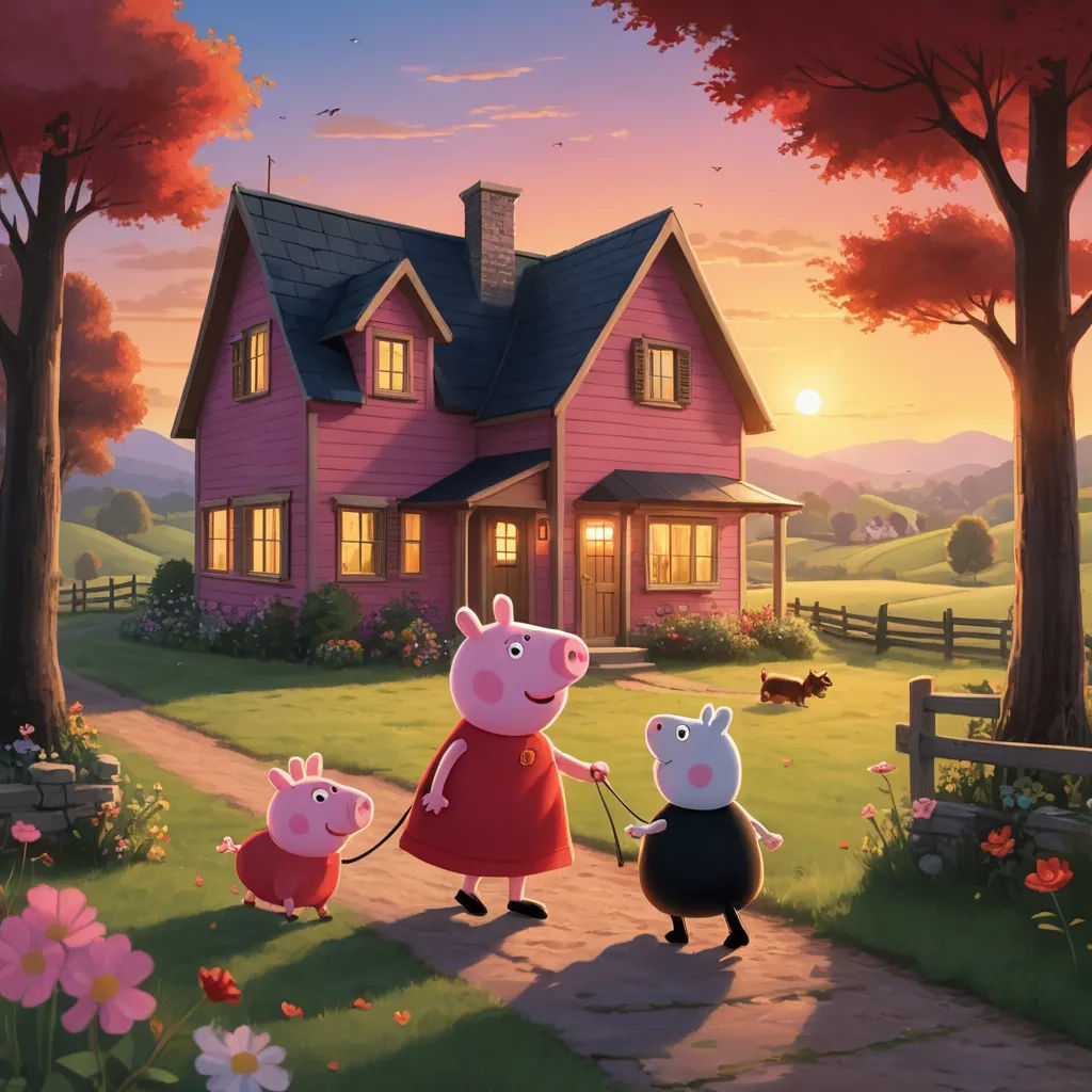a pig and piggy pig are walking in front of a house at sunset with a dog and pig, sots art, poster art, Chris LaBrooy, promotional image