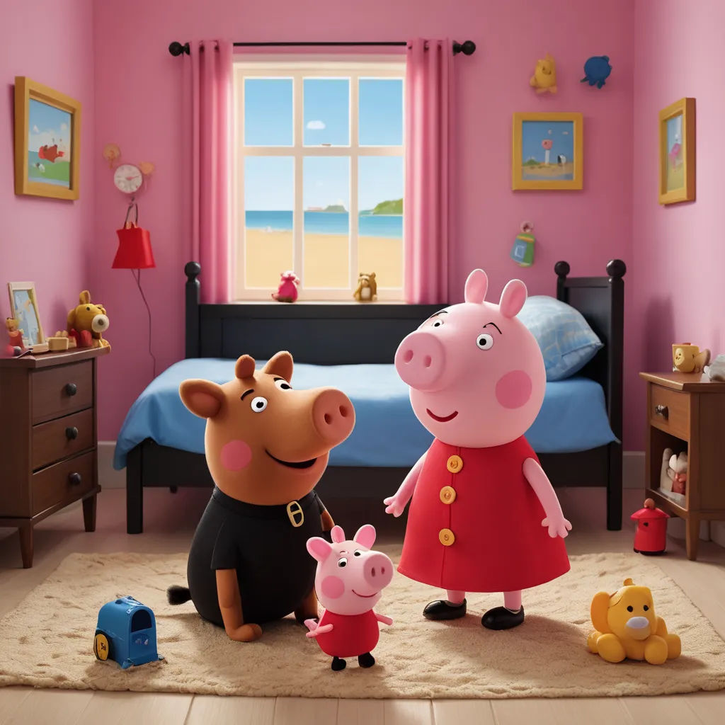 a pig and piggy pig are standing in a bedroom with a bed and toys in the background and a window, naive art, a 3D render, David Young Cameron, promotional image