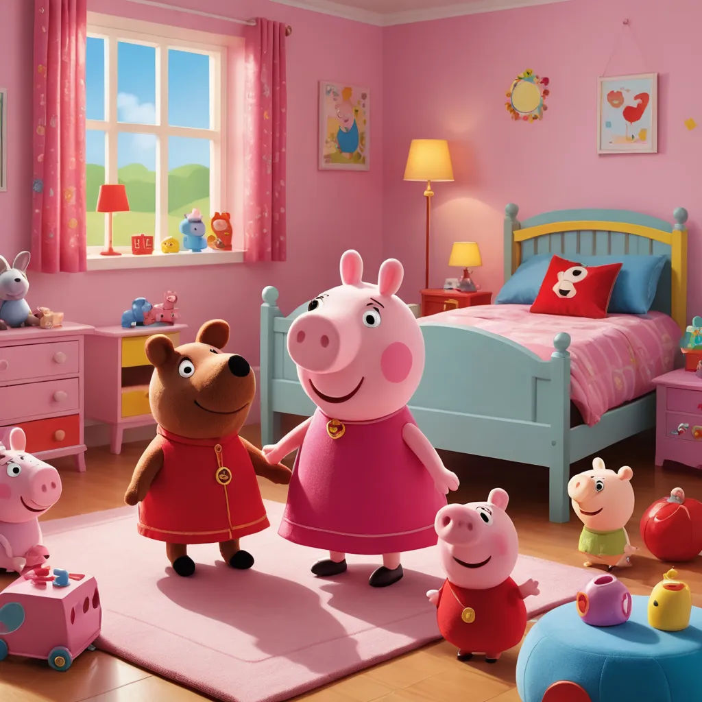 a group of peppa pig characters standing in a bedroom with pink walls and pink carpeting and a pink bed, figurativism, concept art, Beatrix Potter, promotional image