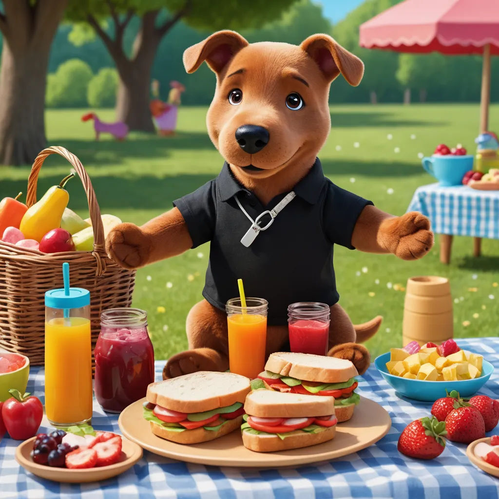 a stuffed dog is standing in front of a picnic table with food and drinks on it, and a picnic table with a picnic table with food and picnic items, furry art, a stock photo, Chris LaBrooy, promotional image