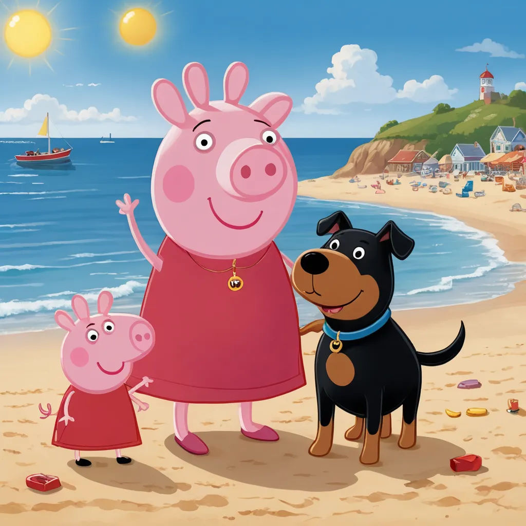 a pig and a dog on a beach with a boat in the background and a boat in the water, sots art, concept art, Avgust Černigoj, promotional image