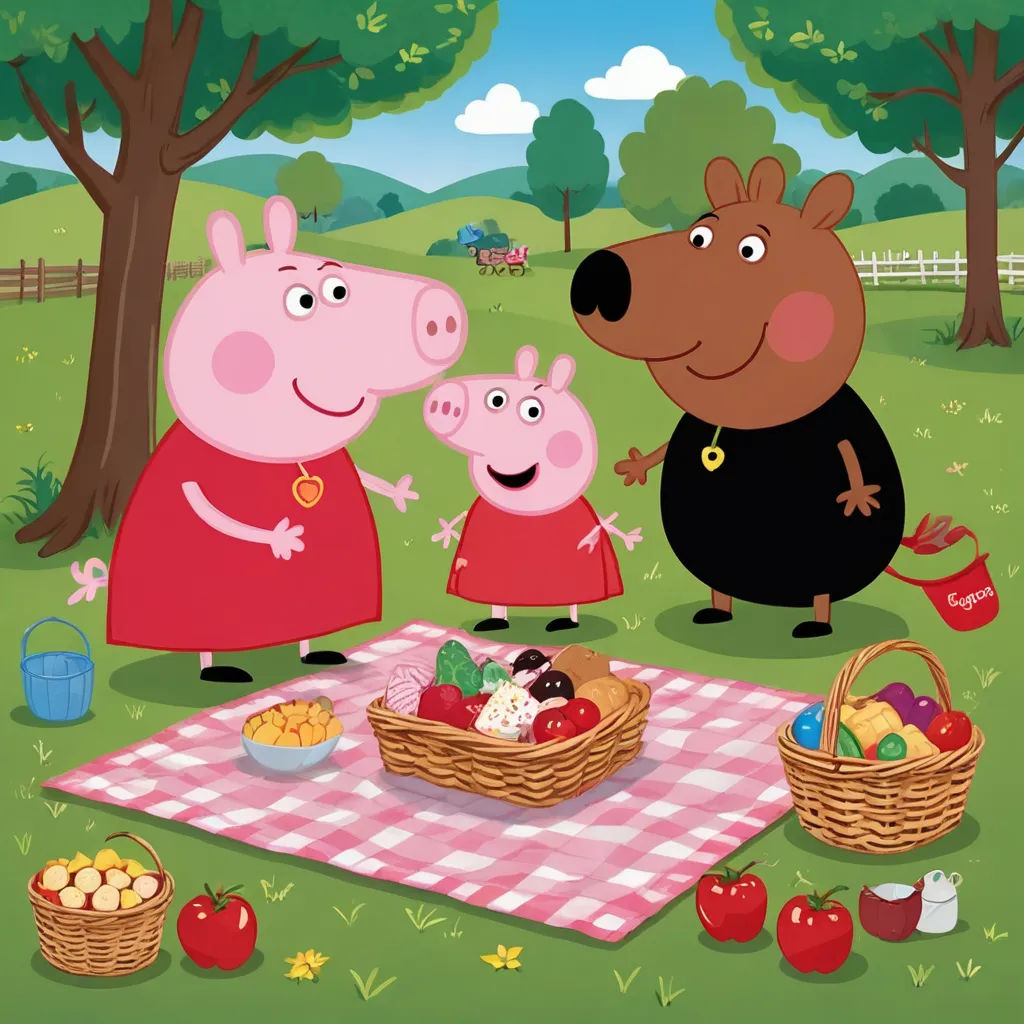 a family of peppa pig and piggy pig are having a picnic in the park with a picnic blanket, primitivism, a storybook illustration, Avgust Černigoj, promotional image