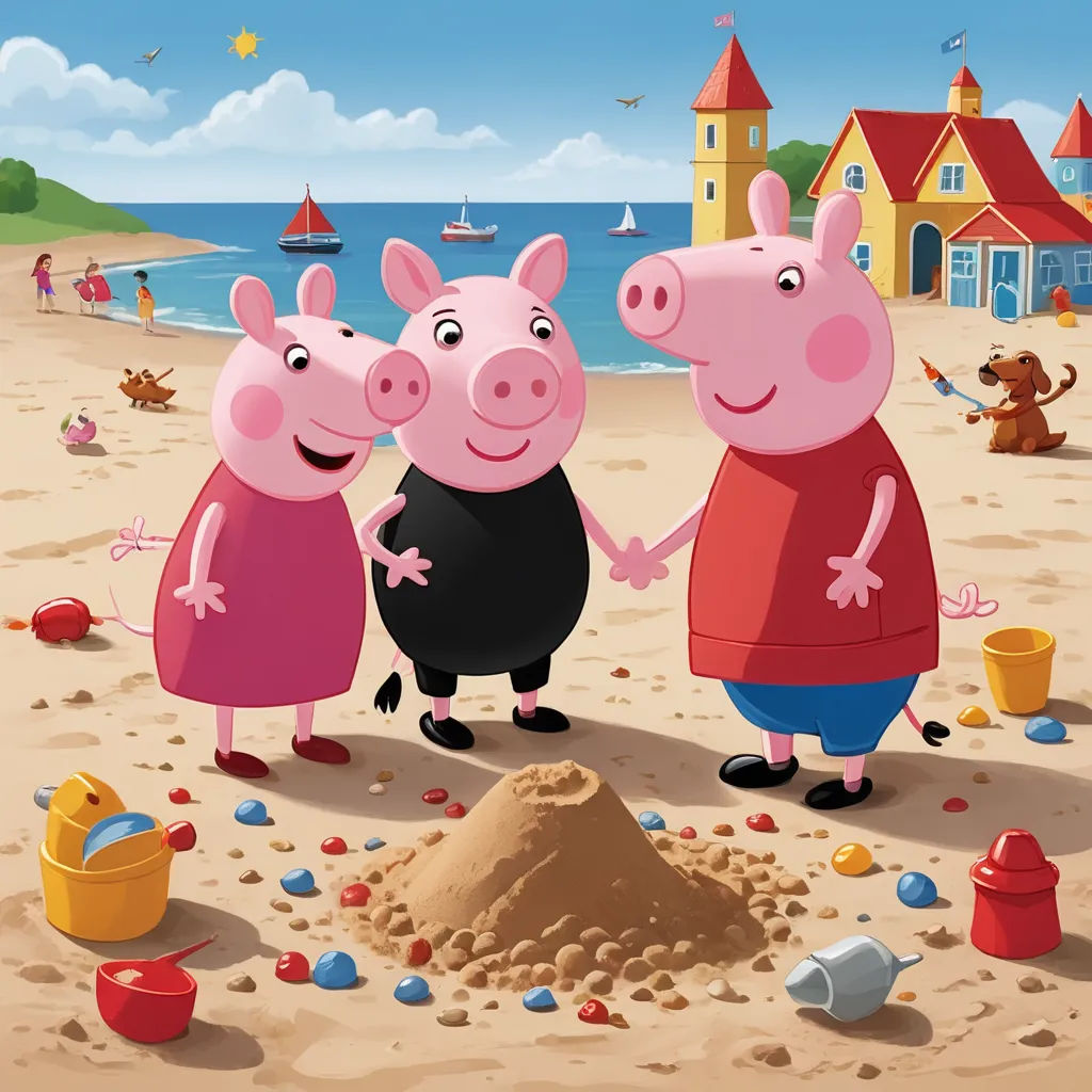three pigs standing on a beach with a sand castle in the background and a boat in the water in the distance, sots art, a storybook illustration, Bascove, promotional image