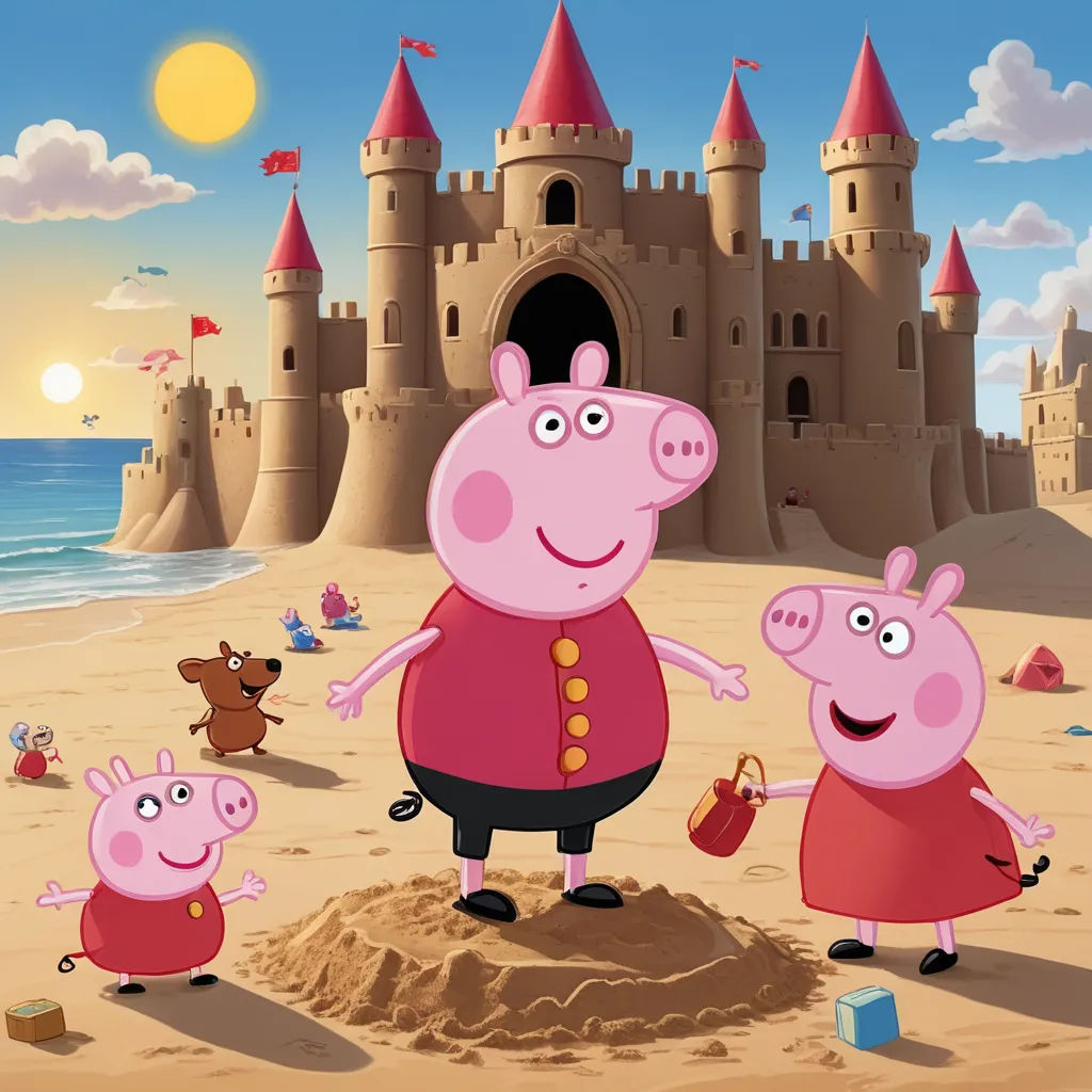 a cartoon pig family on a beach with a castle in the background and a dog in the foreground, sots art, concept art, Bascove, promotional image
