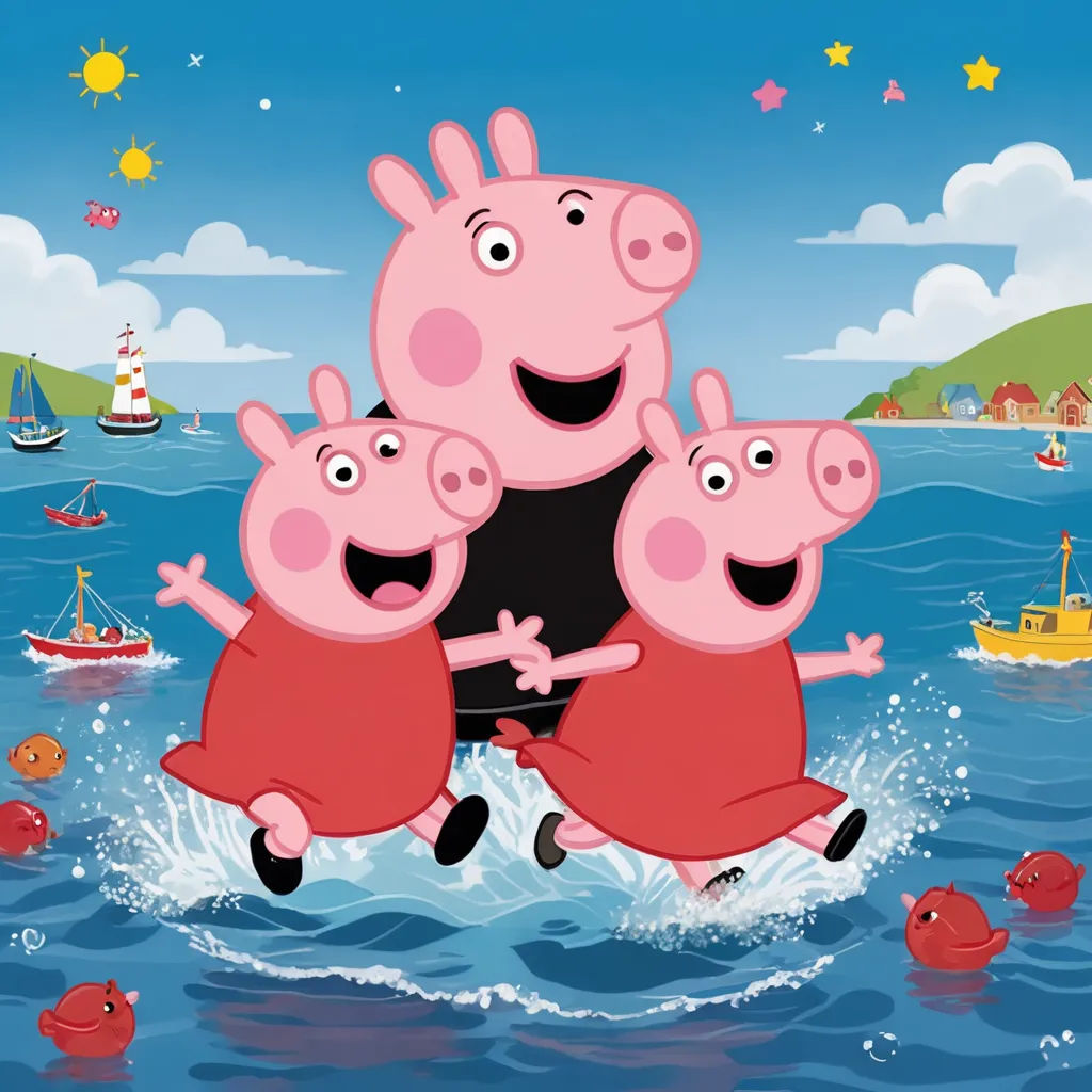 a group of peppo piggy riding on top of each other in the water with a boat in the background, sots art, concept art, Andries Stock, promotional image