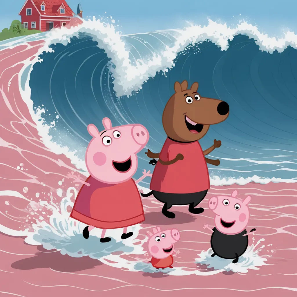 a family of peppa piggy piggy pig and piggy pig running in the ocean with a big wave behind them, sots art, concept art, Ada Gladys Killins, promotional image