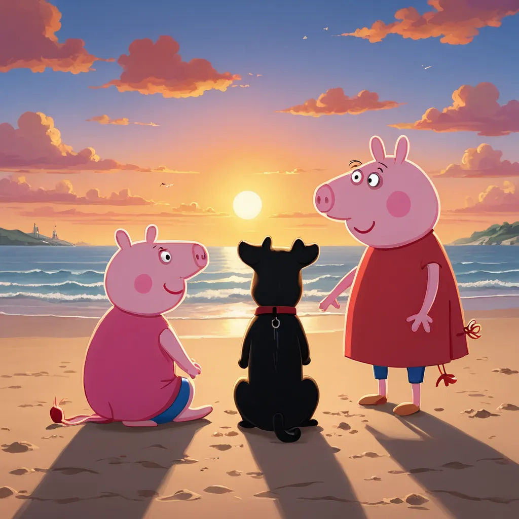 three peppa pig characters standing on a beach at sunset with a dog and cat looking at them in the same direction, sots art, a comic book panel, Avgust Černigoj, promotional image