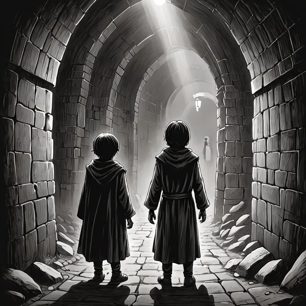 two people standing in a tunnel with a light shining on them and a person standing in the middle of the tunnel, fantasy art, a storybook illustration, Chris Rallis, storybook illustration