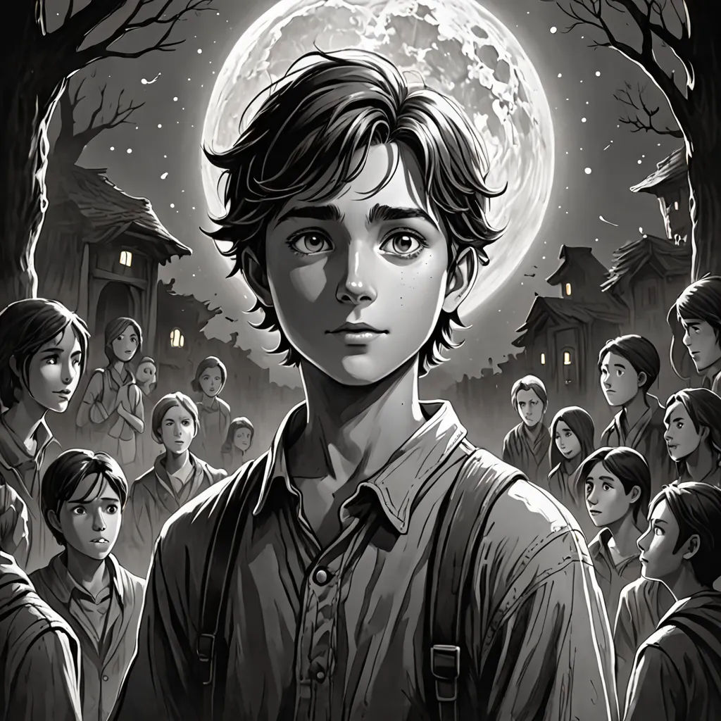 a boy standing in front of a crowd of people in front of a full moon with a full moon behind him, serial art, a storybook illustration, Aaron Jasinski, comic cover art