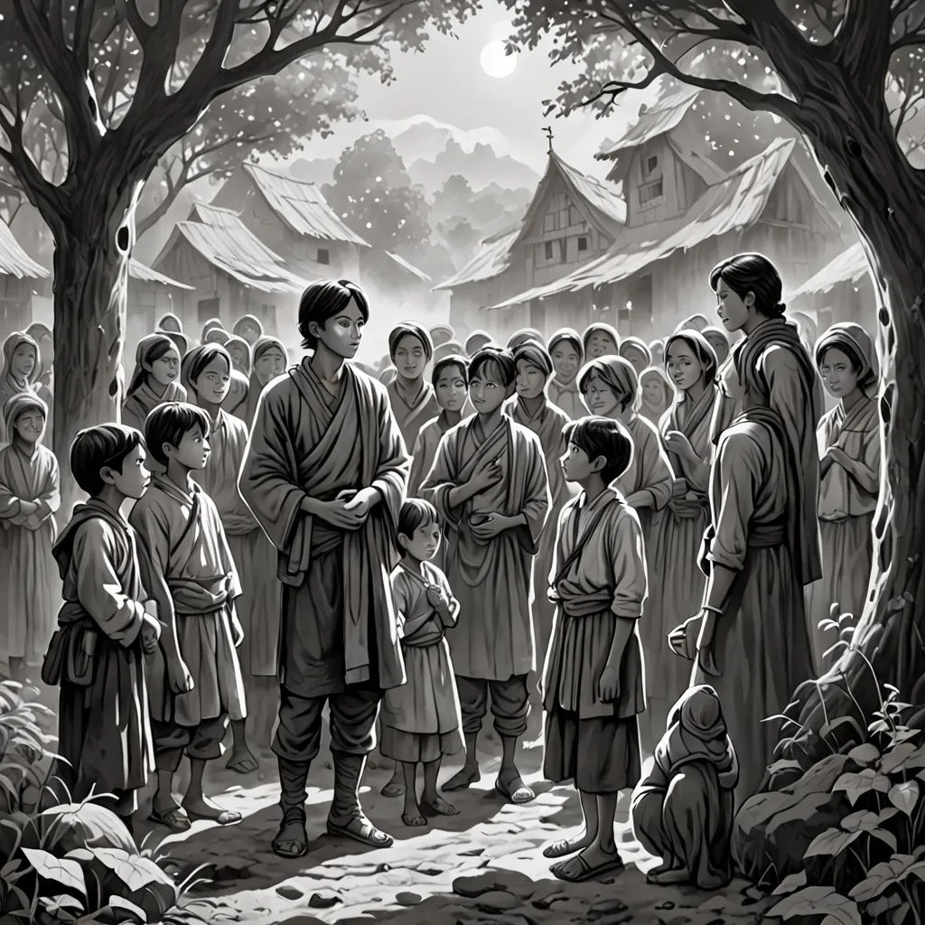 a black and white painting of a group of people standing in a forest with a man holding a child, magical realism, a storybook illustration, Choi Buk, yukito kishiro