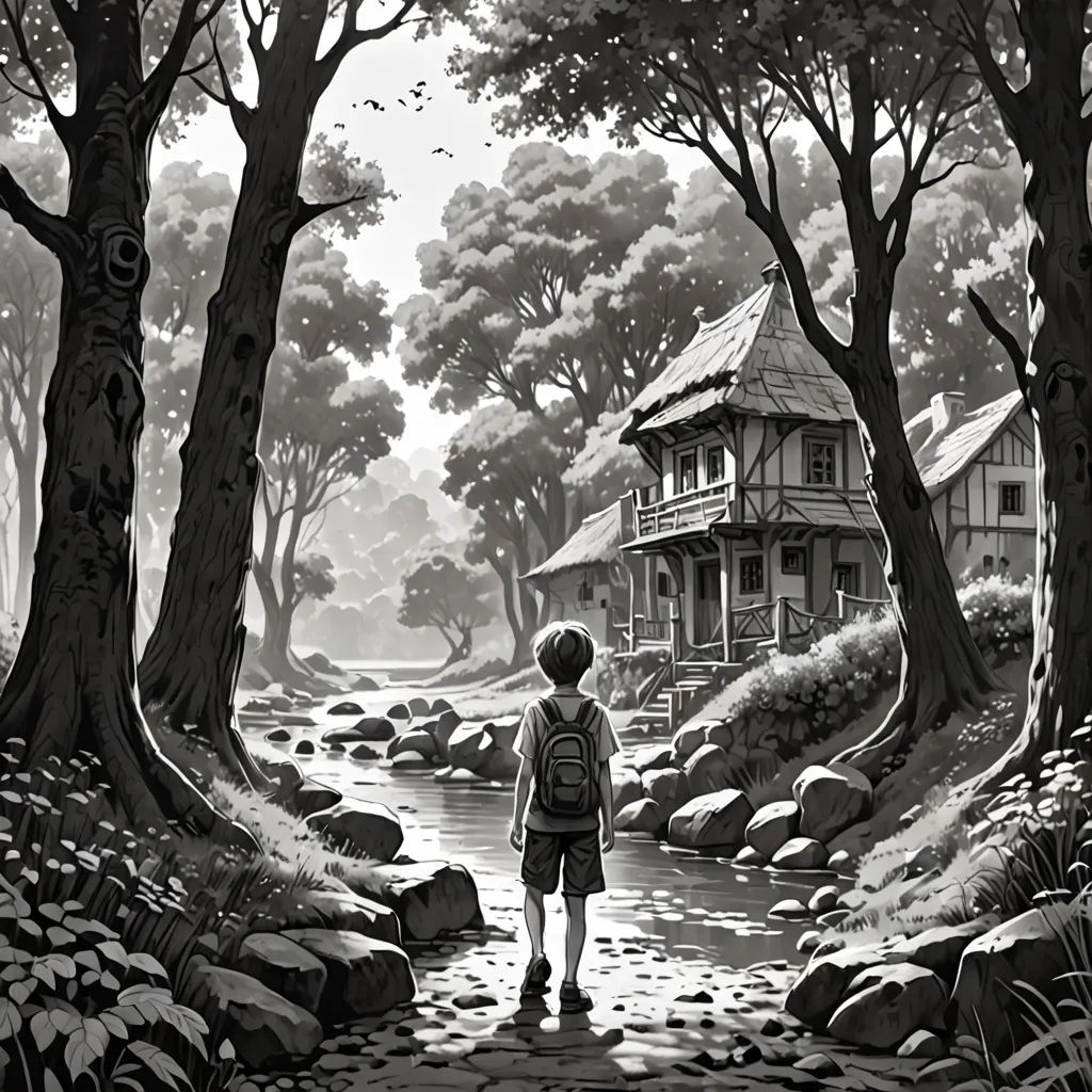 a person walking down a path in a forest with a house in the background and trees around them,, magical realism, a storybook illustration, Aaron Jasinski, storybook illustration