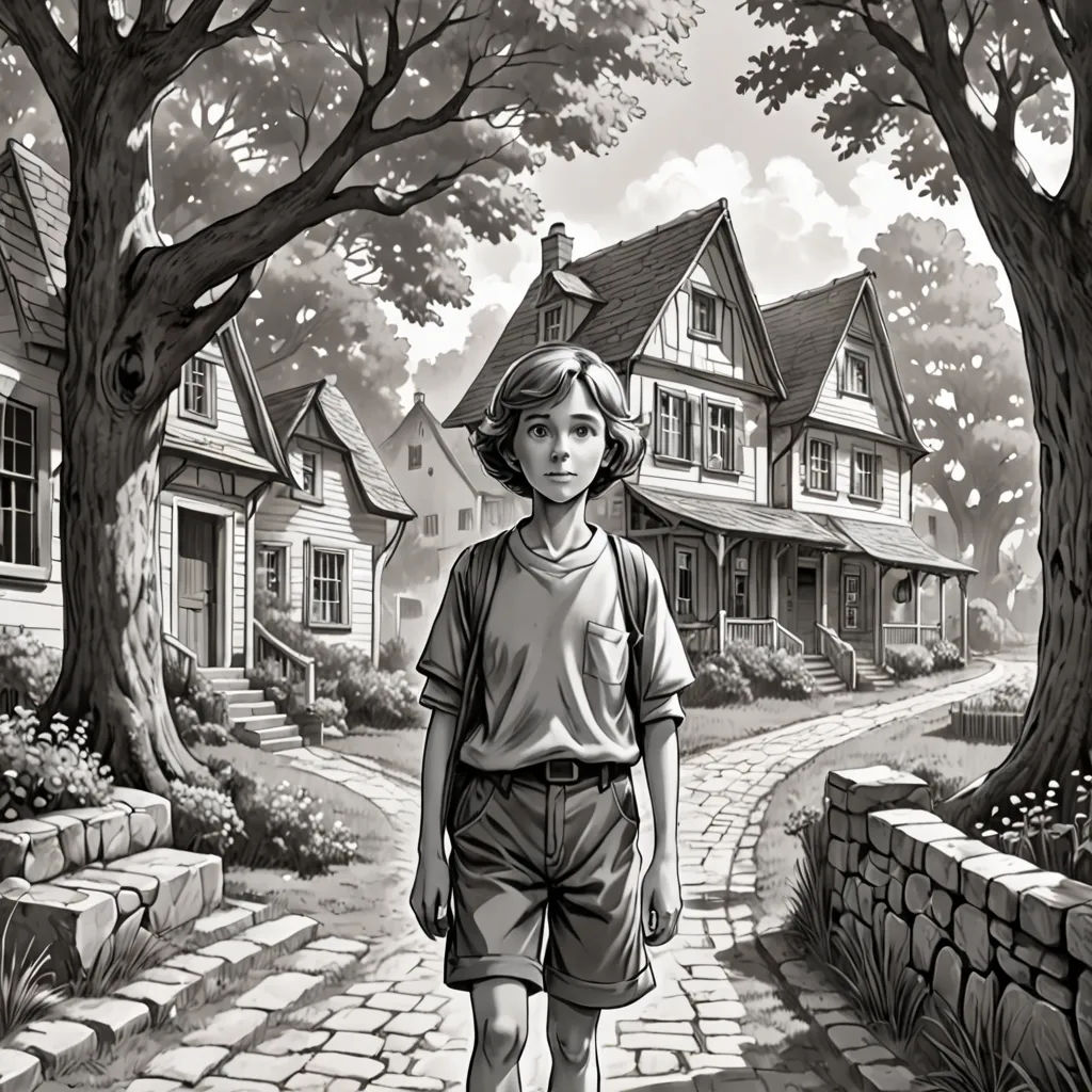 a boy walking down a street next to a tree filled forest with houses on it and a dog on the sidewalk, magical realism, a storybook illustration, F Scott Hess, storybook illustration