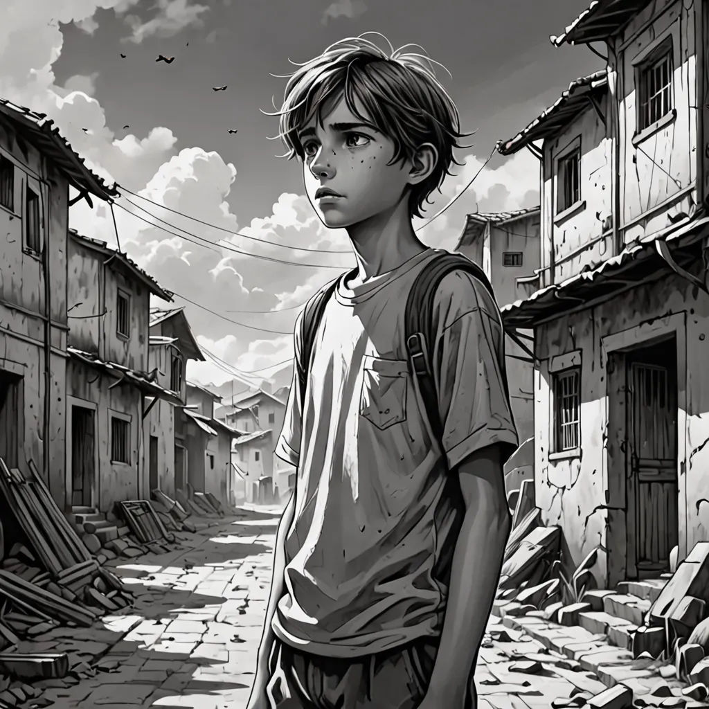 a boy standing in a street with a backpack on his back and a bird flying overhead in the sky, magical realism, a comic book panel, Diego Gisbert Llorens, cushart krenz
