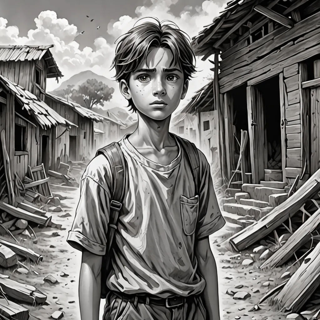a boy standing in front of a shack with a broken door and a broken window in the background, in a black and white drawing, fantastic realism, a storybook illustration, Diego Gisbert Llorens, graphic novel