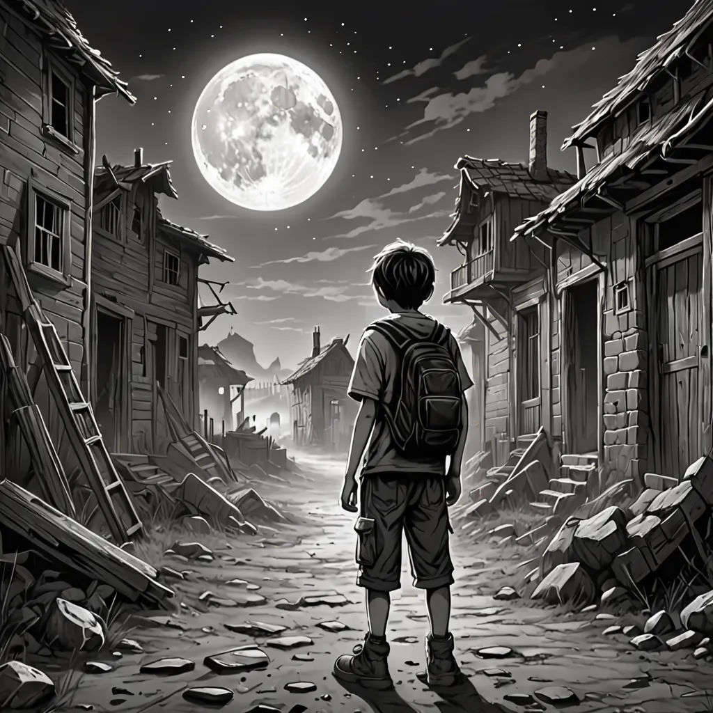 a boy standing in a street looking at the moon in the sky above him is a city with broken buildings, modern european ink painting, a storybook illustration, Diego Gisbert Llorens, storybook illustration