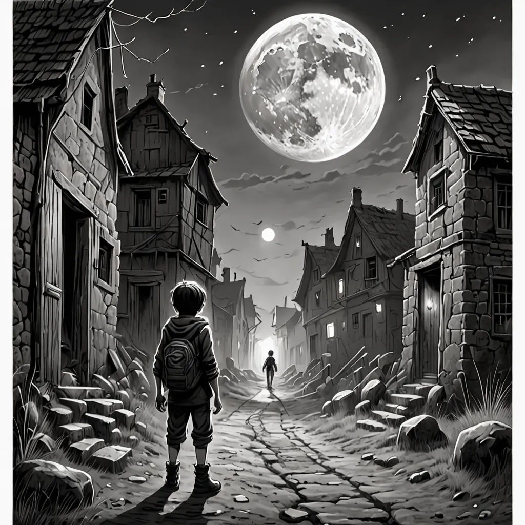a boy is walking down a street in front of a full moon and a full moon in the sky, magical realism, a storybook illustration, Dan Mumford, storybook illustration