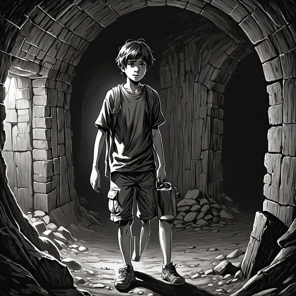 a boy is standing in a tunnel with a backpack on his back and a backpack on his shoulder, and a backpack on his shoulder, underground comix, a storybook illustration, Diego Gisbert Llorens, official art
