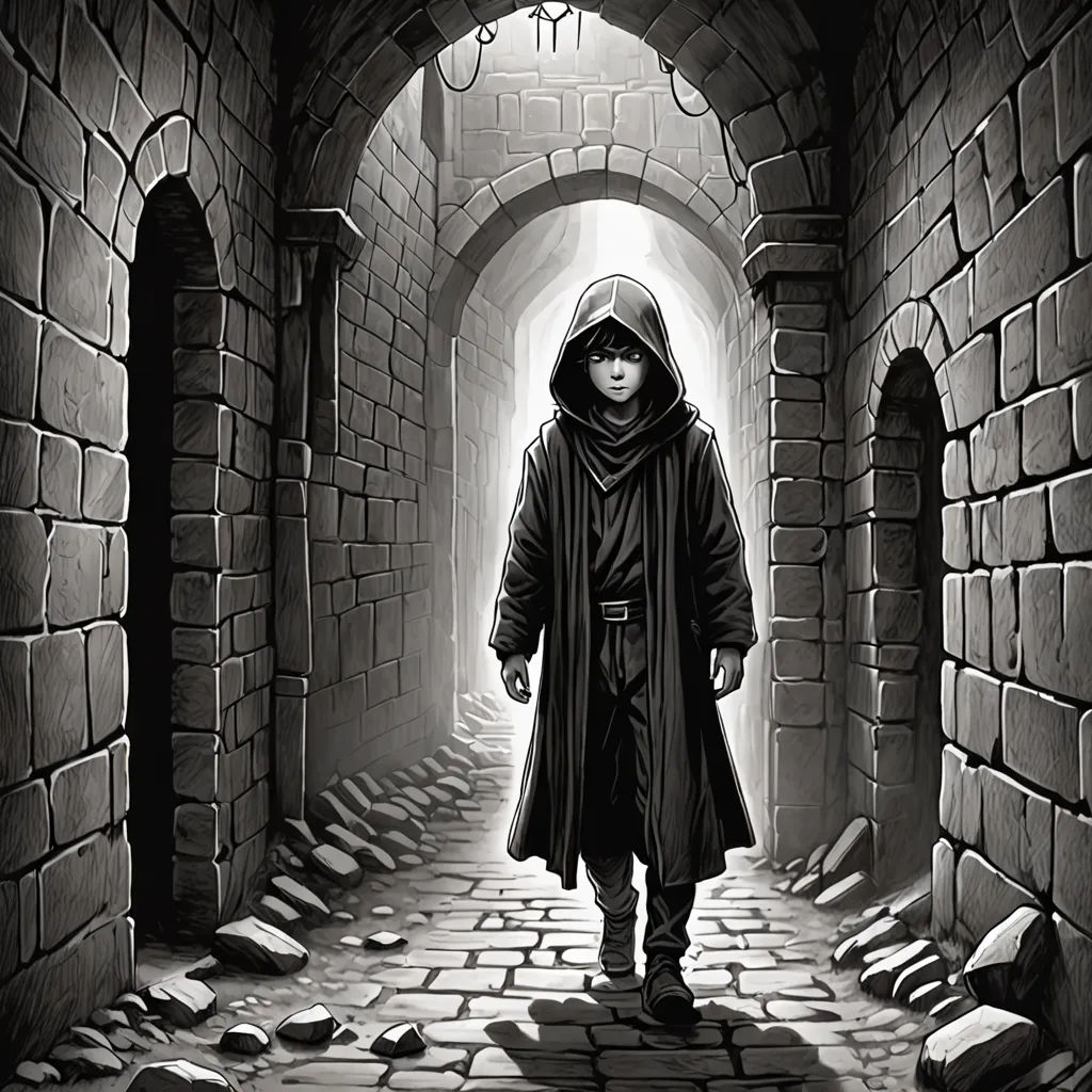 a man in a hooded jacket walking down a tunnel in a stone building with a light at the end, fantasy art, a character portrait, Dirk Crabeth, epic fantasy character art