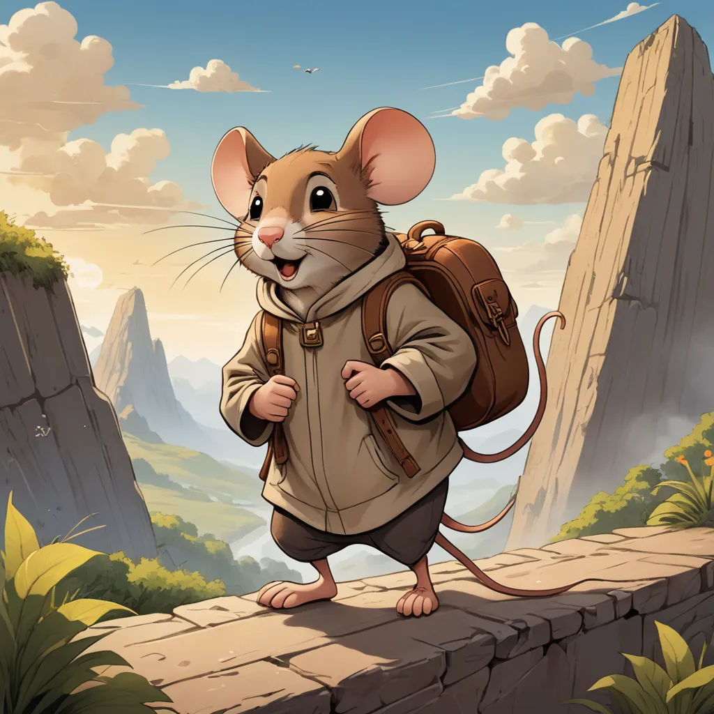 a mouse with a backpack on a cliff above a mountain range with a bird flying overhead in the sky, fantasy art, a character portrait, Chris LaBrooy, kinkade