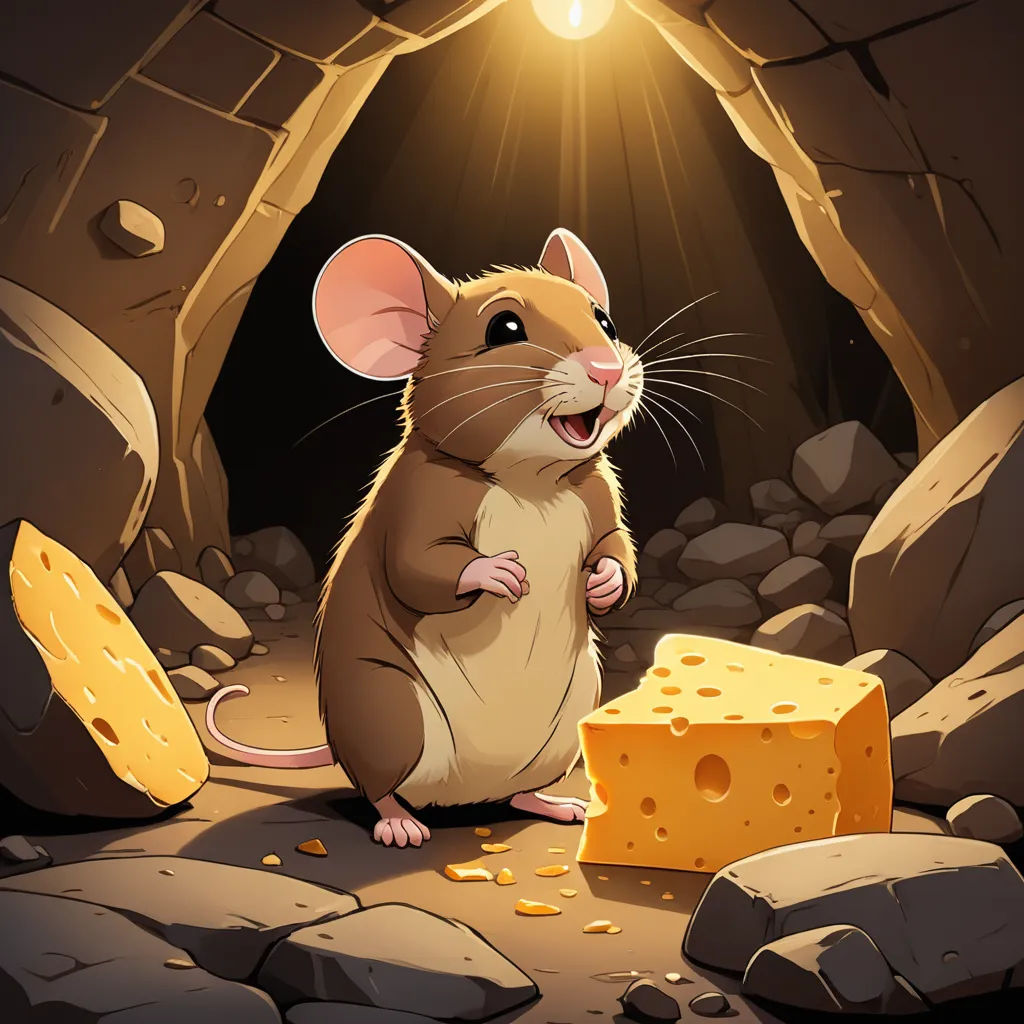 a mouse standing in a cave with a piece of cheese on the ground next to it and a light shining on the cave, sots art, a storybook illustration, Art Spiegelman, rossdraws global illumination