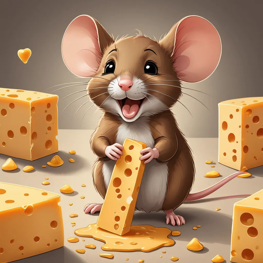 a mouse with cheese on a table with a piece of cheese in front of it and a block of cheese in the background, sots art, a character portrait, Chris LaBrooy, highly detailed digital painting