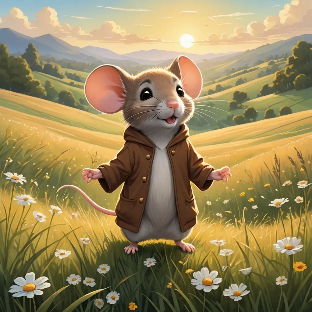 a mouse in a field with daisies and a sunset in the background, with a field of flowers, sots art, a character portrait, Chris LaBrooy, official art