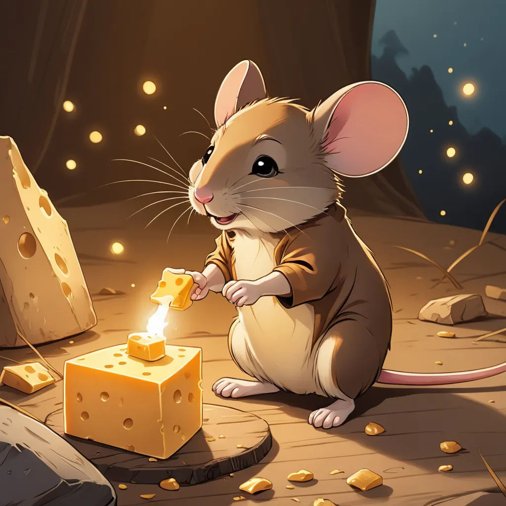 a mouse is sitting on the floor and eating cheese from a piece of cheese that is on the ground, fantasy art, a storybook illustration, Chris LaBrooy, kinkade