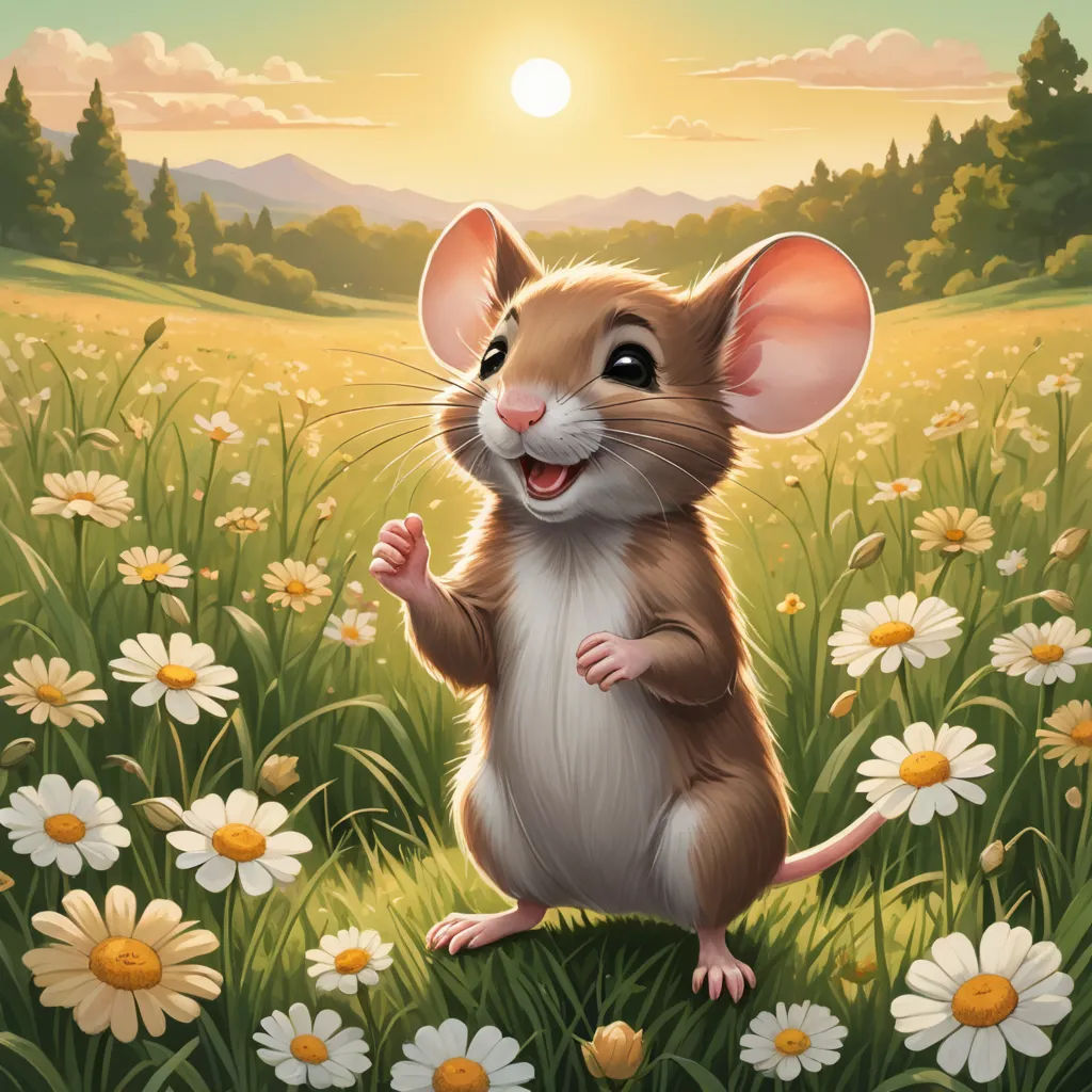 a mouse standing in a field of daisies with the sun in the background and a field of daisies in the foreground, sots art, a character portrait, Chris LaBrooy, official art