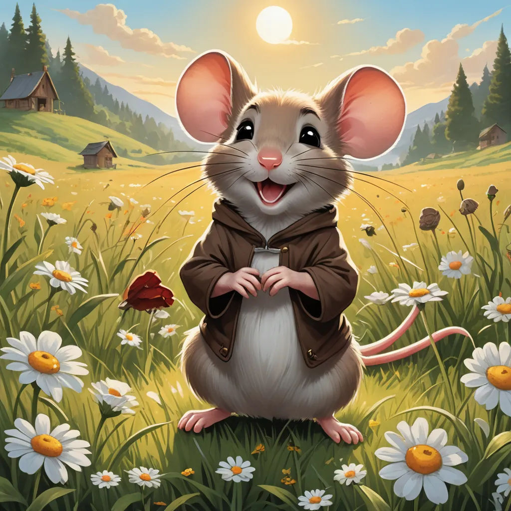 a mouse in a field of daisies with a house in the background and a bird in the foreground, sots art, a character portrait, Aaron Jasinski, kinkade