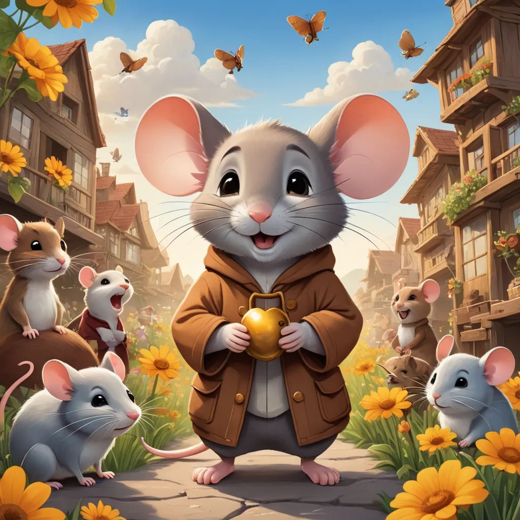 a mouse with a bunch of mice in a field of flowers and buildings in the background, with a butterfly flying overhead, furry art, a storybook illustration, Chris LaBrooy, official art