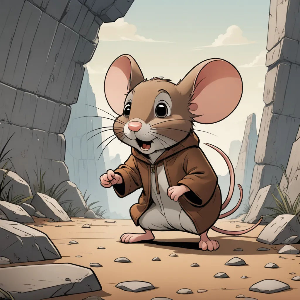 a cartoon mouse standing in a rocky area with rocks and boulders in the background, with a sky background, sots art, concept art, Cliff Childs, kinkade