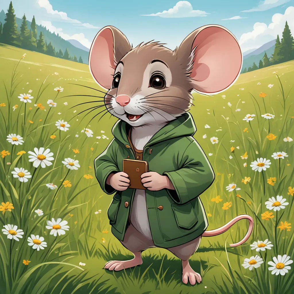 a cartoon mouse in a field of daisies holding a tablet computer in its paws and looking at the camera, sots art, a character portrait, Beatrix Potter, official art