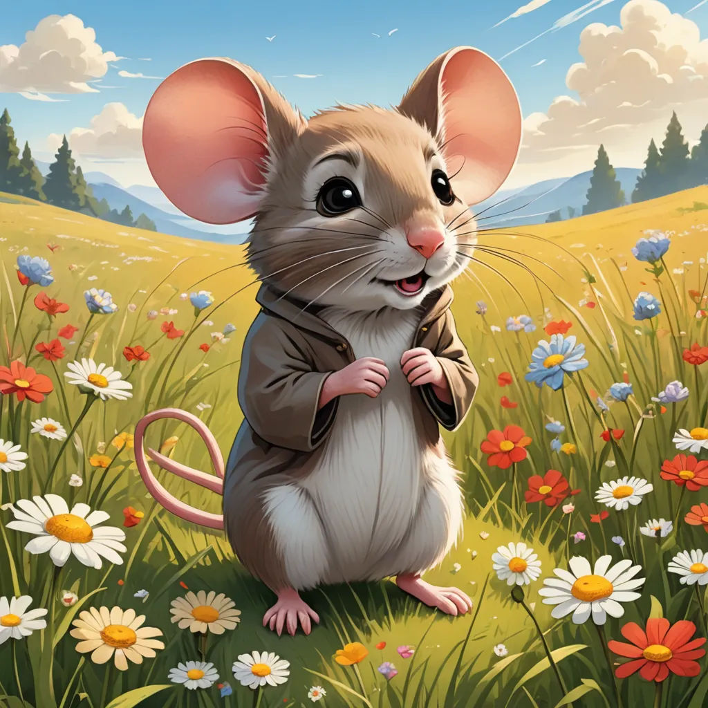 a mouse is sitting in a field of flowers and daisies with a sky background and clouds in the background, altermodern, a character portrait, Dave Melvin, official art