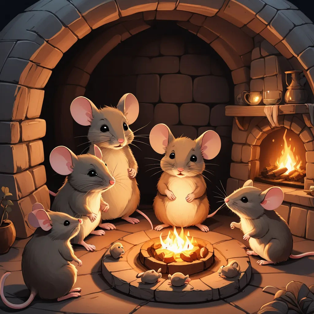 a group of mice sitting around a fire place in a fireplace with a lit fire in it's center, fantasy art, a storybook illustration, Dan Mumford, storybook illustration
