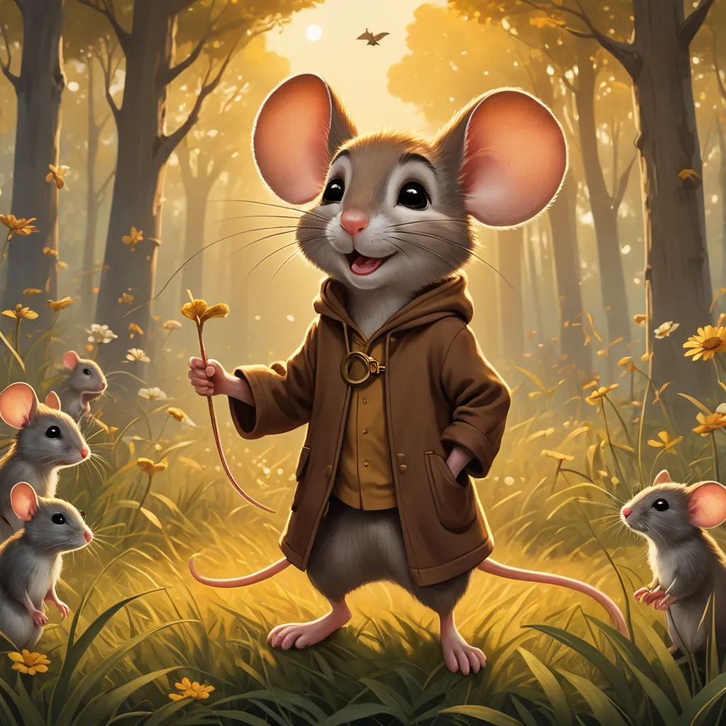 a mouse with a brown jacket and some mice in a forest with trees and flowers and a butterfly flying overhead, furry art, a storybook illustration, Aaron Jasinski, kinkade