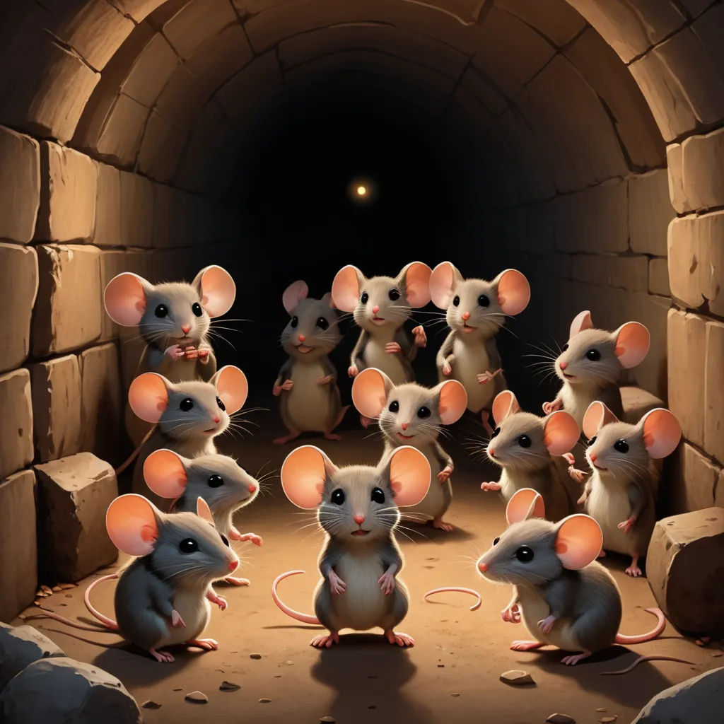 a group of mice standing in a tunnel with their backs turned to the camera and facing the viewer, with a light on, furry art, a storybook illustration, Art Spiegelman, rossdraws global illumination